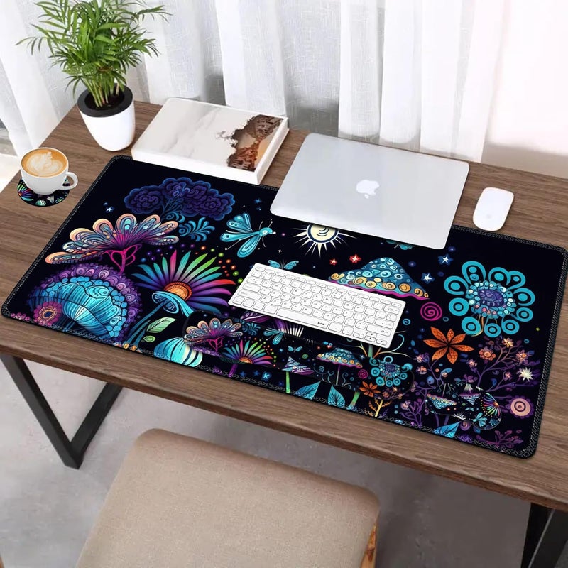 AIMSA Large Gaming Mouse Pad Set, Keyboard Wrist Rest Support+ Extended Mousepad+ Mouse Wrist Cushion+Coaster, Ergonomic Multifunctional Desk Mat 35x15.7in, Colorful Abstract Mushrooms - Image 2